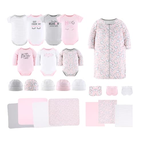 The Peanutshell Baby Layette Gift Set for Baby Girls - 23 Piece New Born Girl Gift Set, Clothes & Newborn Essentials Must Haves - Girl Clothes 0-3 Months - Pink & Grey