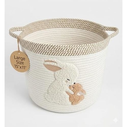Kid's Storage Basket | 35L Woven Cotton Rope Bin with Bunny Design, Strong Handles | Foldable Baby-Safe Organization for Stuffed Animals, toys, Laundry Hamper | Nursery & Shelves Storage