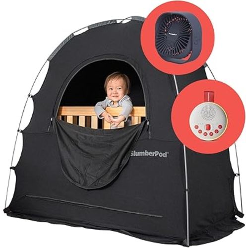 SlumberPod Bundle with Fan and Portable Sound Machine The Original Blackout Sleep Tent Travel Essential for Baby, Mini Crib and Pack n Play Cover, Sleep Pod with Two Pouches, Blocks 95%+ Light, Black