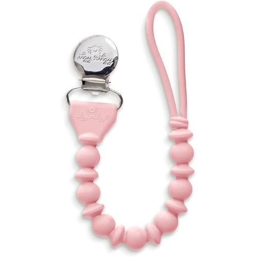 Itzy Ritzy Silicone Pacifier Clip; 100% Food Grade Silicone Pacifier Strap with Clip Keeps Pacifiers, Teethers & Small Toys in Place; Features One-Piece Design & Silicone Cord (Pink with Silver Clip)