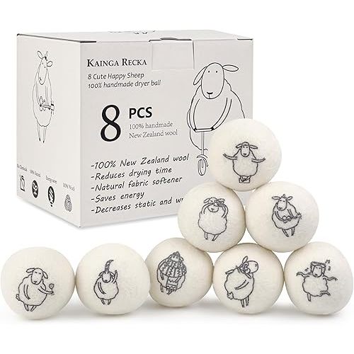 Wool Dryer Balls, 8PCS Dryer Balls with Happy Sheep - Natural & Organic, 100% New Zealand Wool Handmade, Chemical-Free Reusable Laundry Balls, Anti-Static Reduce Wrinkles and Save Time