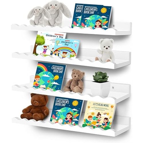 Nursery Book Shelves, Floating Book Shelves for Wall, Scalloped Shelves for Wall Decor and Storage Perfect for Books, Toys, Photo Frames, and Nursery Décor (White)