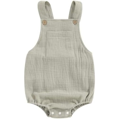 Sasaerucure Baby Cotton Linen Overalls Solid Color Sleeveless Square Neck Backless Romper for Boys Girls
