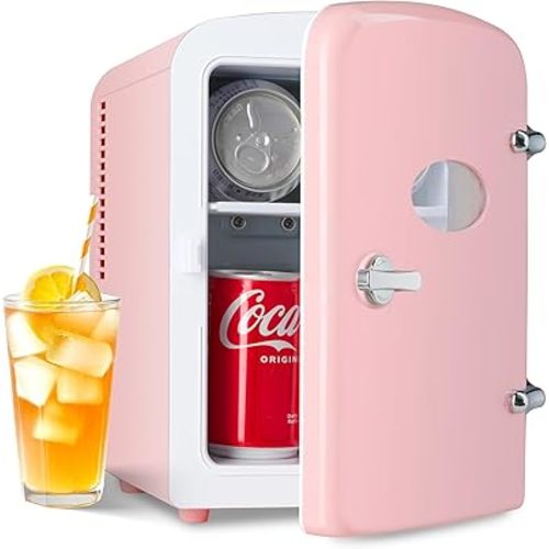 Simple Deluxe 6 Can Portable Mini Fridge with Observation, Compact Cooler & Warmer Freon-Free Small Refrigerator, for Skincare, Beverage, Food, 4L with Window, Pink