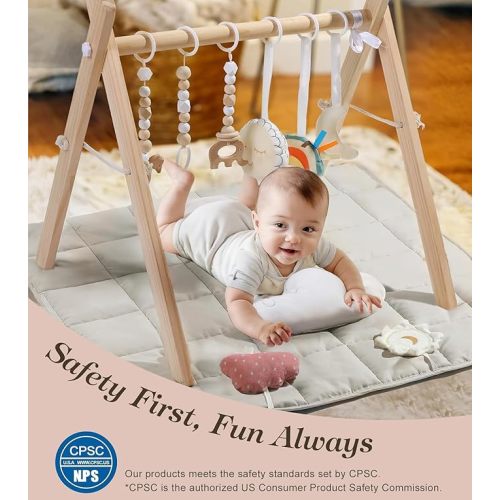 Wooden Play Gym with Beige Mat, Foldable Baby Play Gym, Infant Activity Mat with 6 Hanging Toys, Natural Pine Wood Frame Activity Center, Easy to Assemble & Clean, Newborn Present for Boys & Girls