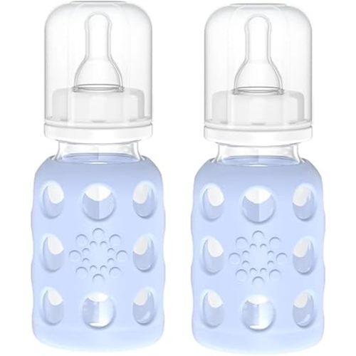 Lifefactory Glass Baby Bottles with Silicone Protection - 2-Pack, 4 oz Bottles, Blanket