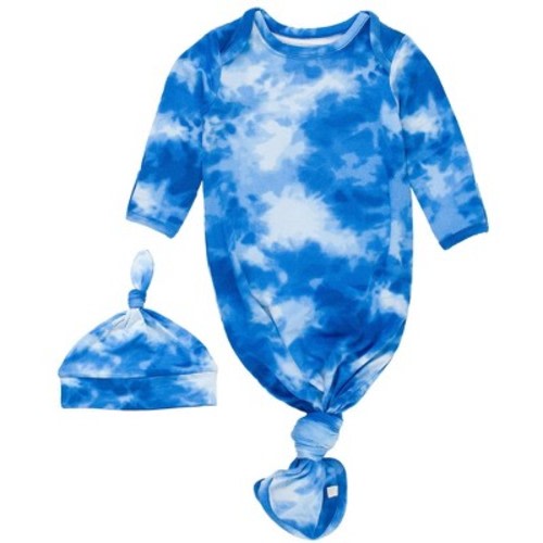 RuggedButts SoftSnooze Newborn Boys Ruffle Knotted Sleep Gown & Hat Set - Blue Tie Dye, Newborn-3m