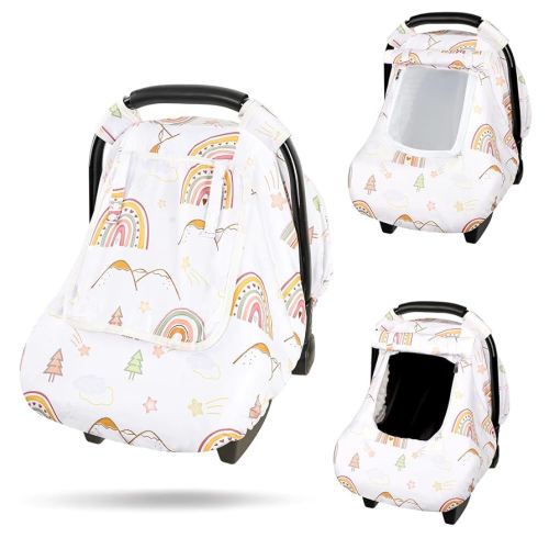 Car Seat Covers for Baby, Winter Baby Car Seat Cover with Peep Mesh Window, Windproof Infant Car Seat Canopy for Girls Boys, Machine Washable, Rainbow Star