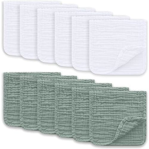 Muslin Burp Cloths Large 100% Cotton Hand Washcloths for Boys & Girls, Baby Essentials Extra Absorbent and Soft Burping Rags for Newborn Registry (White & Green, 12-Pack, 20" X10")