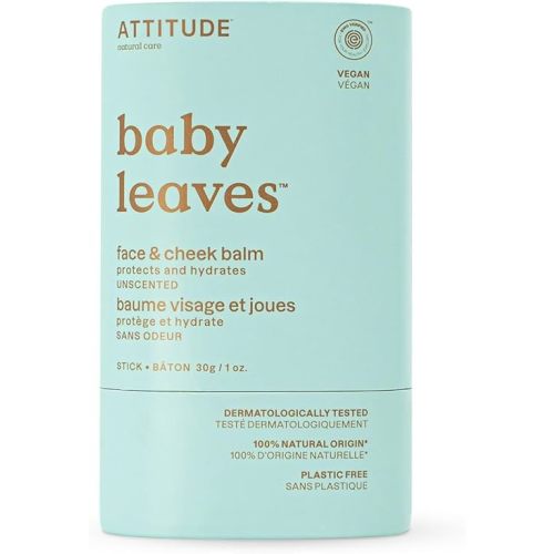 ATTITUDE Plastic-Free Face and Cheek Balm Bar for Baby, EWG Verified, Dermatologically Tested, Made with Naturally Derived Ingredients, Vegan, Unscented, 1 Ounce