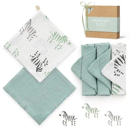 Momcozy Soft & Absorbent Baby Washcloths - 4 Layer Design| Medium Thickness| Premium Cotton for Newborns' Skin-Great for Bathing, Wiping & on-The-go Use, Shower Gift and Essential(5 Pack, 10x10 inch)