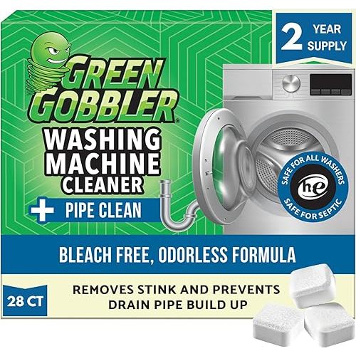 Green Gobbler Washing Machine Cleaner Tablets with Pipe Clean Technology Deodorizer | Front & Top Load Washer | 28 Count