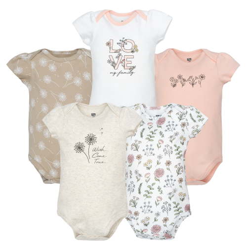 Hudson Baby Infant Girls Cotton Bodysuits 5-Pack, Dandelion Wish, 0-3 Months