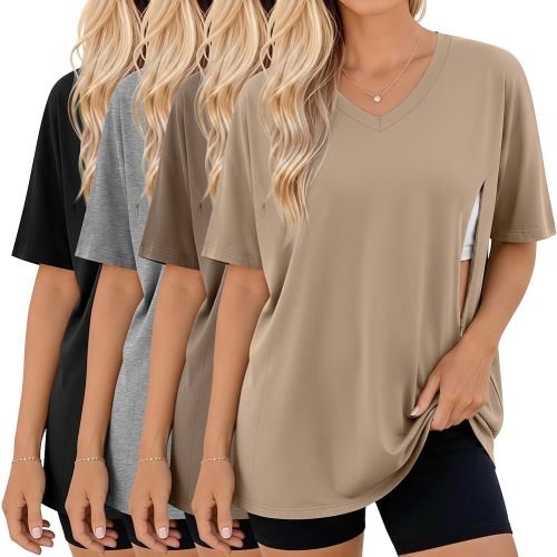 4 Pack Women's Oversize Nursing Tops for Breastfeeding Hidden Zipper Maternity T Shirts Short Sleeve V Neck Shirts