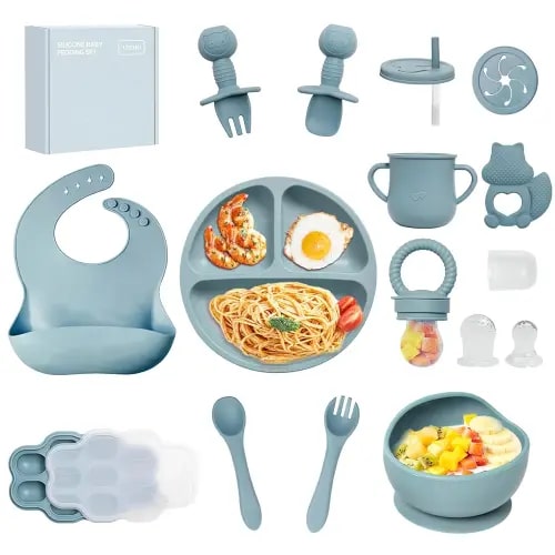 Silicone Baby Feeding Set, 15pcs Baby Led Weaning Feeding Supplies for Toddlers, Bowls and Plates with Suction, Silicone Bib,Toddler Spoons and Fork, Toddler Cups, Fruit Feeder & Freezer Tray. (Blue)