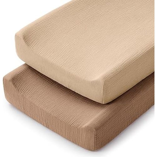 Comfy Cubs Muslin Fitted Changing Pad Cover Pack of 2, Cedar and Cream - Soft, Breathable & Washable 100% Cotton Fitted Sheet for Baby's Comfort - Universal Fit for Flat & Curved Baby Changer Pad