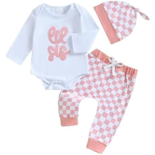 Ayalinggo Little Sister Outfit Little Brother Shirt Newborn Lil Sis Lil Bro Checkerboard Pant Set Sibling Matching Outfit