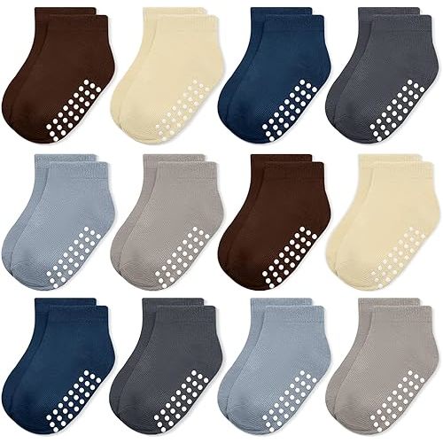 JAKIDAR 12 Pair Baby Toddler Socks Non-Slip Grip Cotton Ankle Socks for Boys Girls Non Skid Soles for Infants Kids