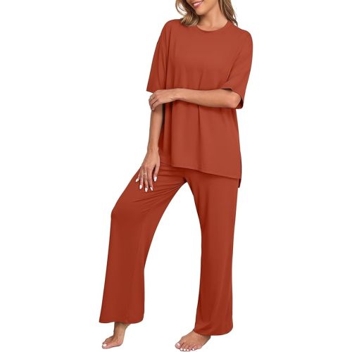 PrinStory Womens Pajamas Sets 2 Piece Lounge Set Short Sleeve Tops and Long Pants Soft Pjs Loungewear with Pockets