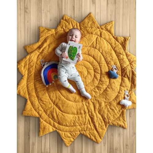 Linen Baby Play Mat 130 cm / 51 inch – Sun Play Mat with Detachable Rainbow & Clouds – Soft Natural Baby Rug – Organic Nursery Decor