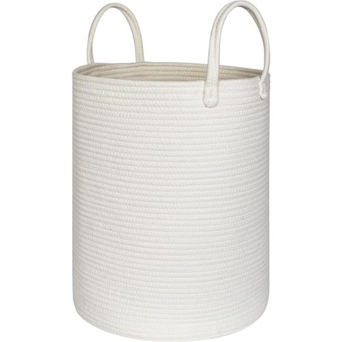 Large White Laundry Basket, 15"x18" Tall Blanket Storage Living Room, XL Cotton Rope Toy Bin for Organizing, Wicker Woven Baby Nursery Laundry Hamper with Handle, White Room Decor Aesthetic