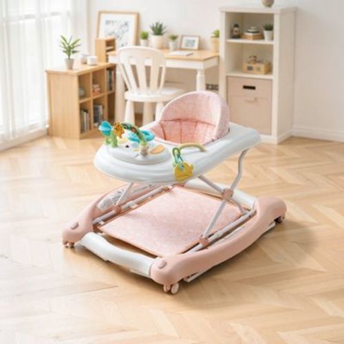 VEVOR 5-in-1 Baby Walker, Folding Baby Activity Center on Wheels, Height Adjustable, Anti-Rollover Toddler Walking Helper for 6-24 Month Kids, Pink