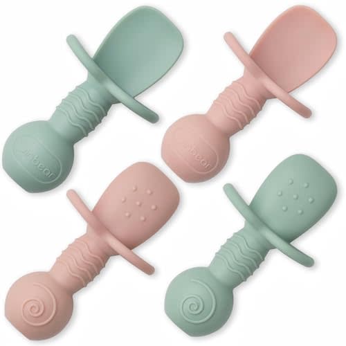 Ginbear Platinum Silicone Baby Spoons Self Feeding 6 Months First Stage, Non Toxic Infants Led Weaning Utensils for Training, Soft BLW Supplies Pack of 4 (Hazy Green/Pink)