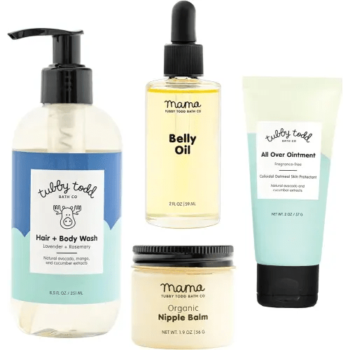 Tubby Todd New Baby & Mom Sensitive Skincare Kit - The Mama + Baby Gift Set - Baby Shampoo and Body Wash 8.5 Oz, All Over Ointment 2 Oz, Belly Oil 2 Fl Oz & Nipple Balm 1.9 Oz - Lavender Rosemary