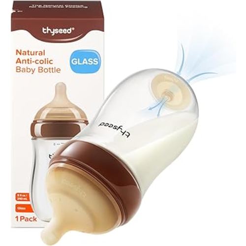 Thyseed Glass Natural Anti-Colic Baby Bottles | Newborn Breast Like Nursing Bottle for Breastfed Babies with Nipple(3-7 Months),8oz,1pack