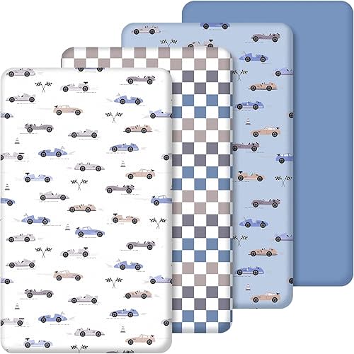 4 Pack Race Car Crib Fitted Sheet for Boys Girls - 52" x 28" Fitted Baby Sheet with Cars and Gingham Style for Standard Mattress Gift Set, Microfiber & Soft Breathable (Blue)