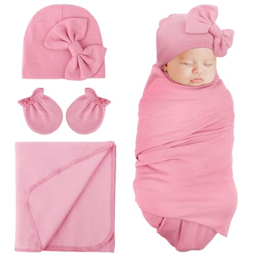 DRESHOW BQUBO Newborn Receiving Blanket Bow Hat Gloves Set Cotton Warm Baby Swaddle Blanket Wrap Baby Sleep Sack Shower Gift