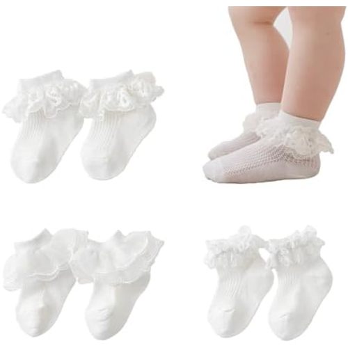Baby Girls Double Lace Socks,Cute Ruffle Princess Frilly Cotton Dress Ankle Socks for Infant Toddlers and Kids
