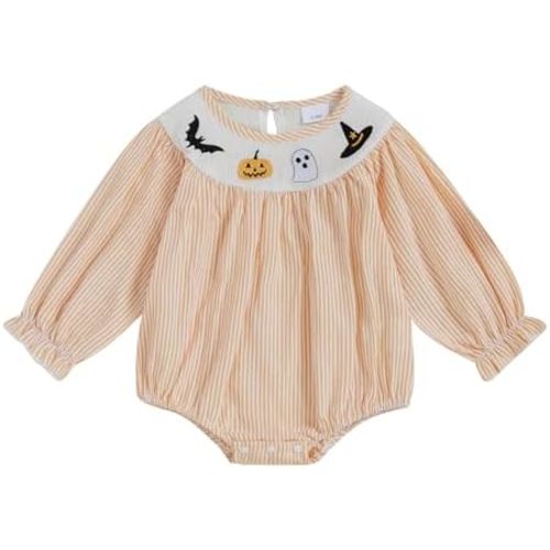 My First Halloween Baby Girl Outfit Ghost Embroidery Smocked Romper Long Sleeve Striped Jumpsuit Cute Fall Clothes