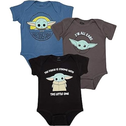 Disney Boys' Star Wars Baby Yoda Creeper Onesies Bodysuits 3 Pack, 3pk Grey-blue-black, 0-3 Months