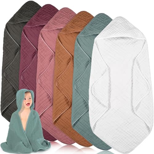 Peryiter 6 Pcs Muslin Hooded Baby Towels,32"x 32" Cotton Newborn Bath Towel Muslin Infant Baby Blankets Absorbent Unisex Newborn Registry Gift for Girls Boys (Red)