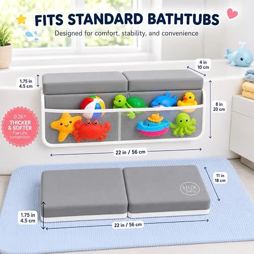 Comfortable Baby Bath Kneeler and Elbow Rest Pad Set, Non-Slip Bathtub Kneeling Pad for Bathing Baby, Bath Tub Cushion Mat, Elbow Pads, Toy Organizer Storage Pockets, Strong Suction Cups