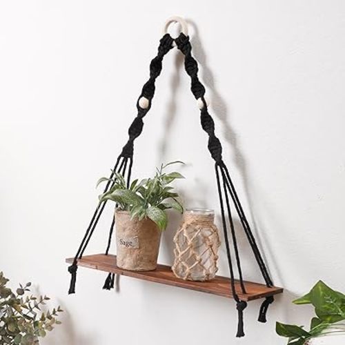 Artilady Macrame Black Floating Shelf - Boho Wooden Wall Shelf Hanging Decor, Rustic Hanging Storage Shelves Hand Woven Plant Shelf Decor for Bedroom Living Room Nursery Dorm Room