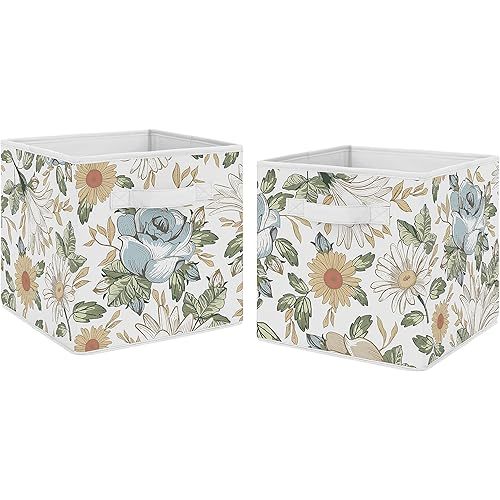 Sweet Jojo Designs Vintage Floral Blue Yellow Foldable Fabric Storage Cube Bins Boxes Organizer Toys - Set of 2 - Slate Green Gold Orange Taupe Beige Shabby Chic Rose Flower Boho Bohemian Farmhouse