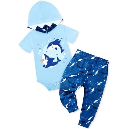 Newborn Boy Summer Outfits Animal Print Short Sleeve Romper with Hoodie & Pants Infant Clothing Set