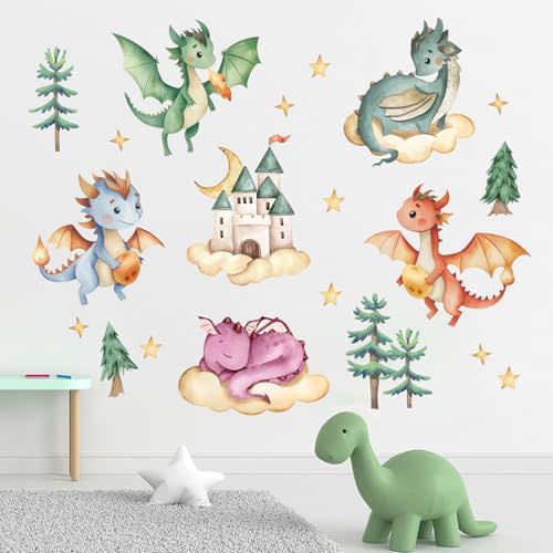 Yovkky Baby Dragon Wall Decals Stickers, Watercolor Castle Pine Tree Cloud Moon Stars Neutral Toddler Nursery Decor, Dragon Eggs Home Decorations Kids Girls Boys Bedroom Playroom Art