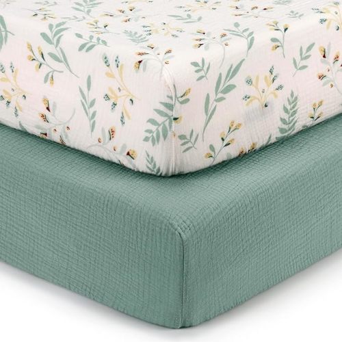 Blissful Diary Muslin Crib Sheets for Girl Boy, Boho Neutral Soft Cotton Baby Sheet for 52''x28'' Standard Crib Mattress, 2 Pack, Roman Green&Leaf