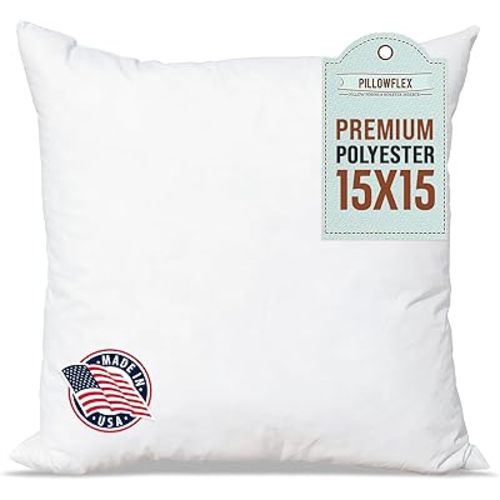 Pillowflex Premium Polyester Throw Pillow Insert - 15x15 - Ultra Soft Small Square Throw Pillow, Couch Sham, Lumbar, Back, Sofa - Machine Washable - Decorative Accent Form - 1 Soft Pillow