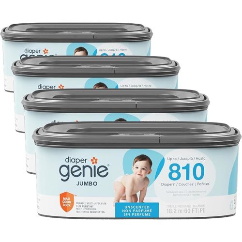Diaper Genie Jumbo Square Refill, with Continuous Film, can Hold up to 810 Newborn-Sized Diapers per Refill.