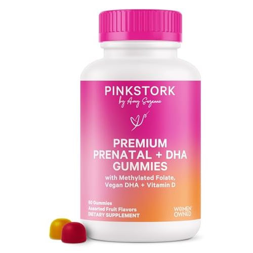 Pink Stork Premium Prenatal Gummy Vitamins with DHA, Folate, and Vitamin D - Multivitamin and Nutrient Blend for Neural Tube and Fetal Brain Development - Pregnancy Must Haves - 60 Vegan Gummies