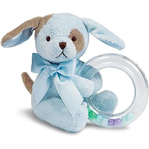 Bearington Baby Waggles Plush Stuffed Animal Blue Puppy Dog Shaker Toy Ring Rattle, 5"