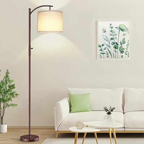 ROTTOGOON Dimmable Floor Lamp, Arc Floor Lamps for Living Room, Stepless Dimming Modern Standing Lamp with Linen Shade, Tall Lamp for Bedroom Office Dining Room- Brown