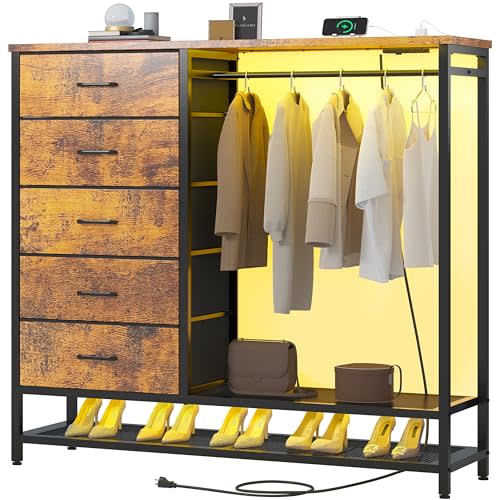 Dresser for Bedroom, Dresser with Hanging Rack Led Lights and Charging Station, Bedroom Dresser with 5 Fabric Chest of Drawers with PU Finish Storage Organizer, for Living Room Kids Room Closet, Brown