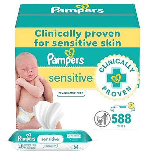 Pampers Sensitive Baby Wipes, Water Based, Hypoallergenic and Unscented, 7 Refill Packs (588 Wipes Total)