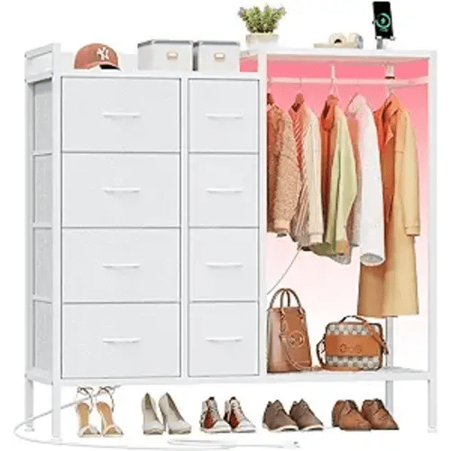 Dresser with Hanging Rack, 8-Drawer Dresser for Bedroom with Charging Station & LED Lights, White Kids Dresser with Clothes Rack&Shoe Rack, Chest of Fabric Drawers for Bedroom, White