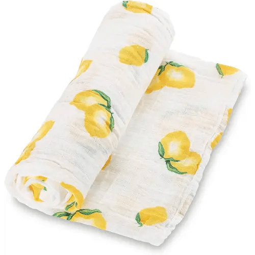 LollyBanks 100% Cotton Muslin Swaddle Blanket, Lemon Print, 47 x 47 Inches, Baby, Toddler, Female